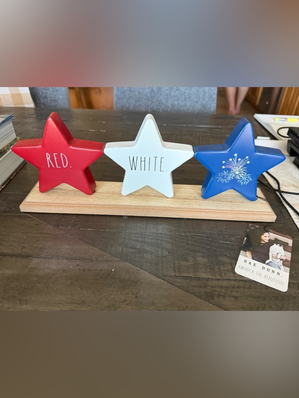 Rae Dunn Red, White & Blue Trio of Metal stars on Wooden Base- NWT
